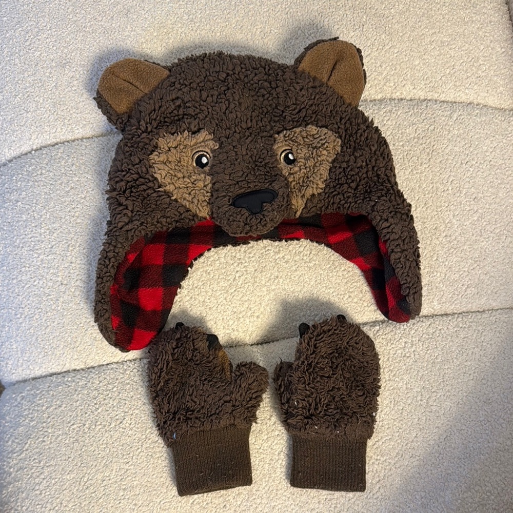Brown Bear Kids Hat and Mittens Set